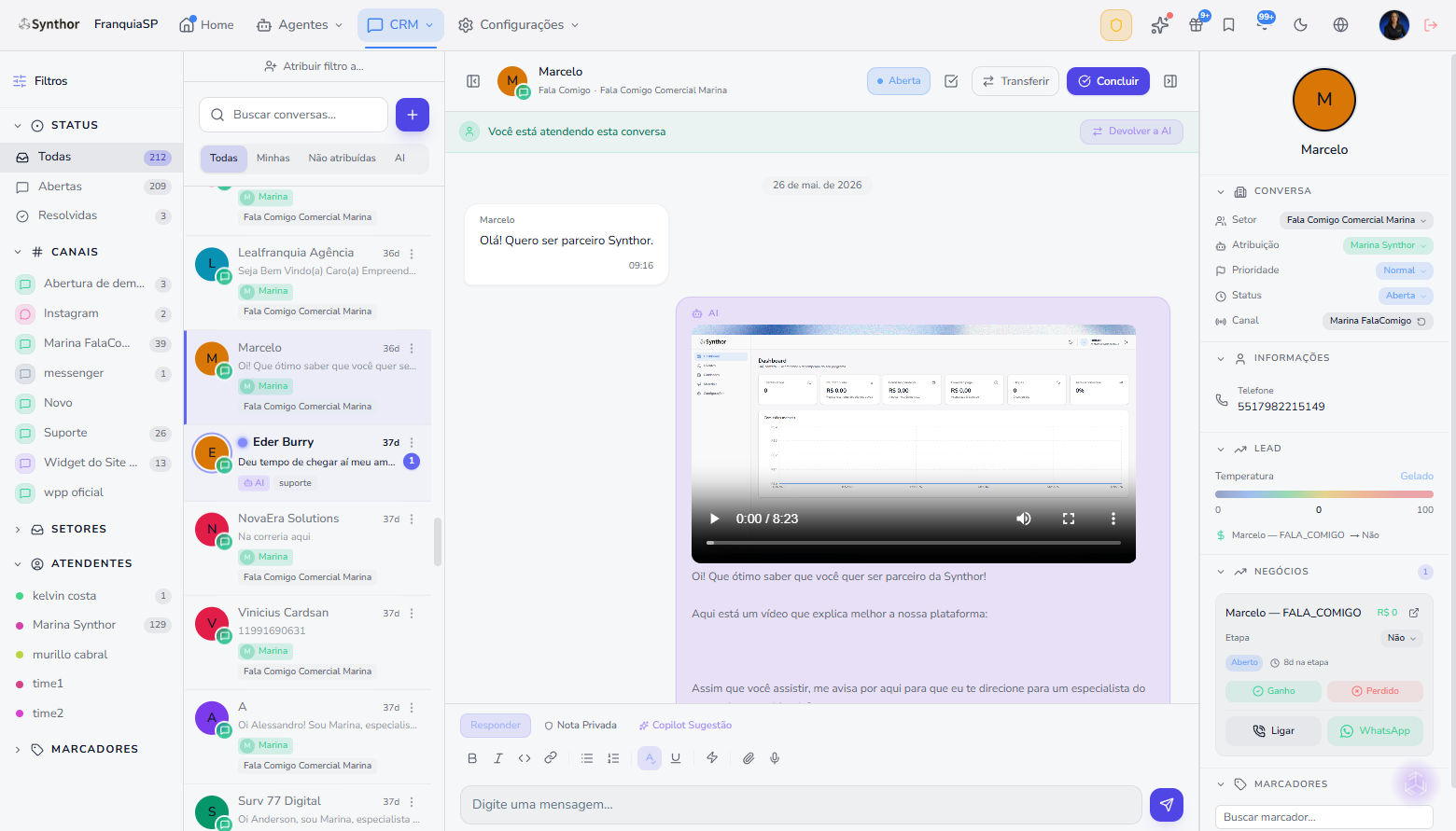CRM omnichannel da Synthor com conversas, IA e pipeline de vendas