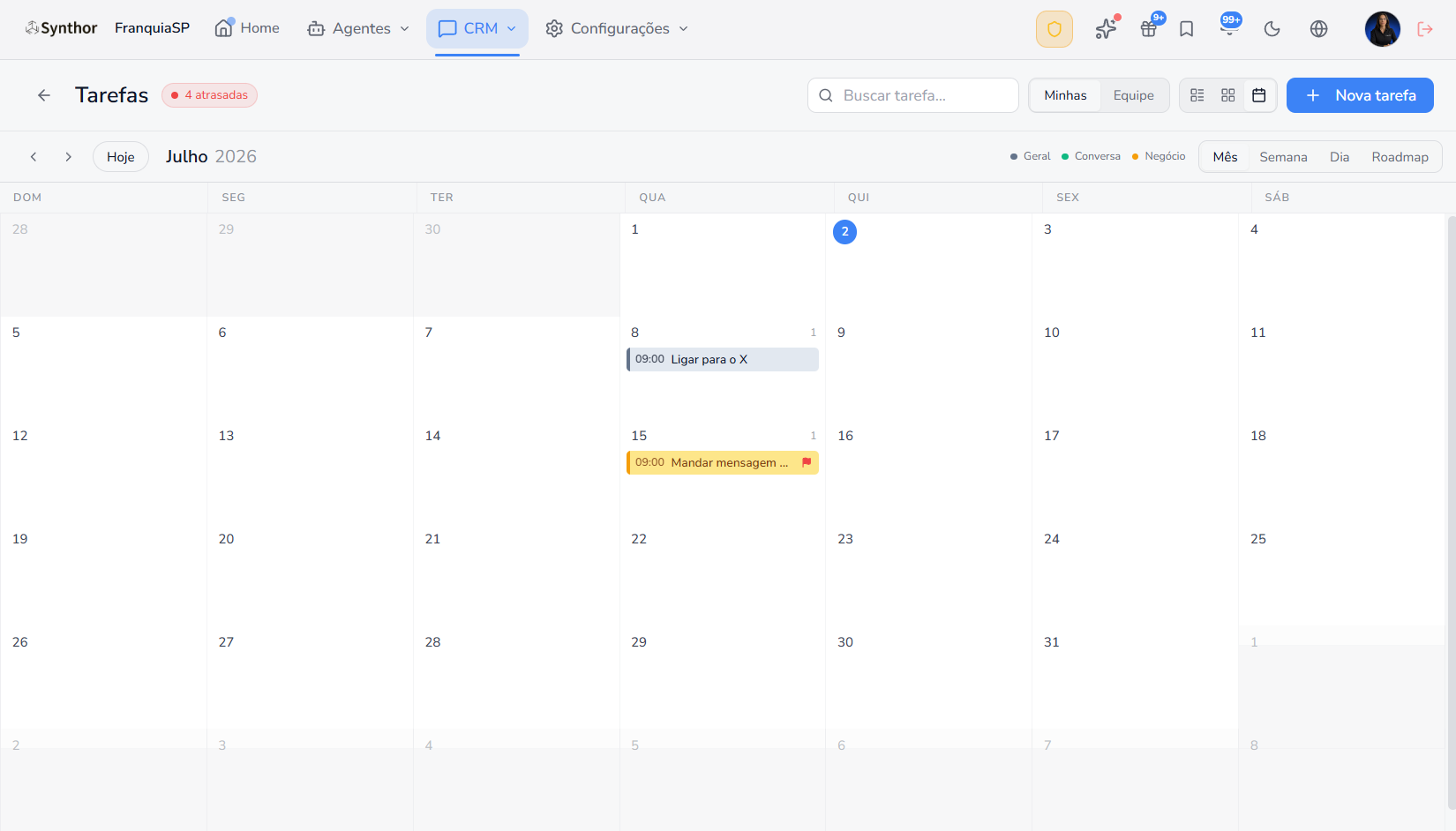 Calendário de tarefas da equipe no CRM da Synthor